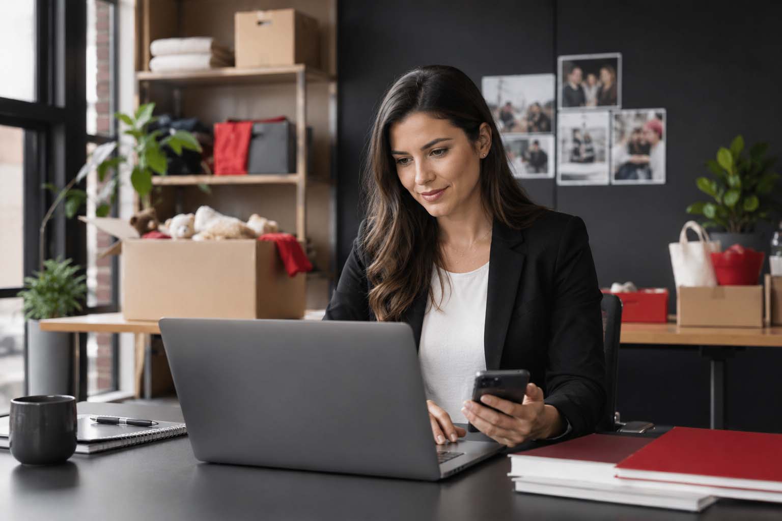 Professional woman using a laptop and phone for SEO for charities in a nonprofit office with donation materials.
