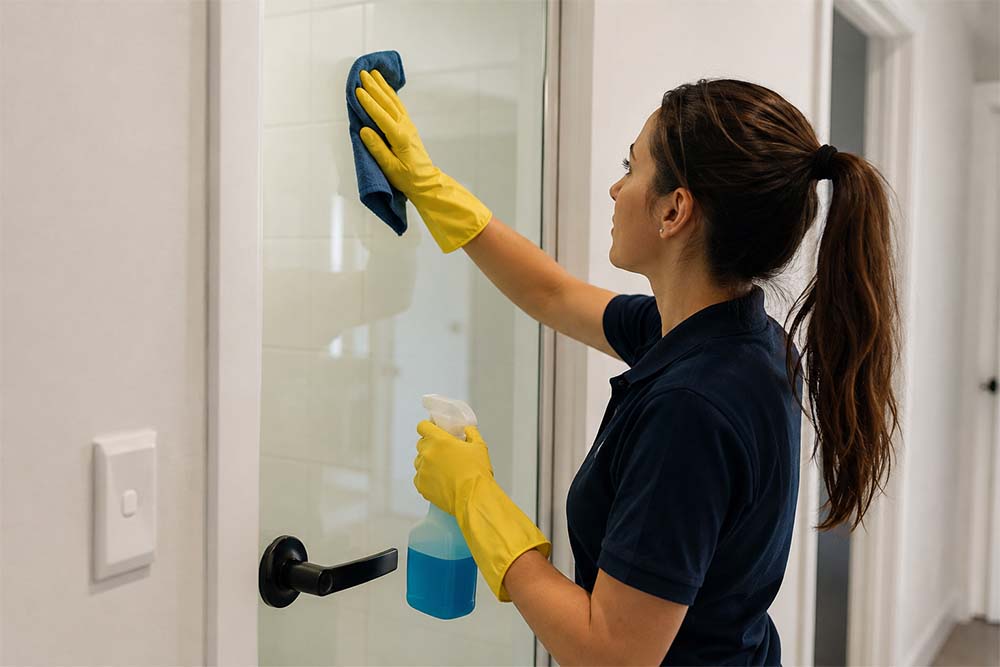 Cleaning business using SEO for cleaning to attract leads. A cleaning lady cleaning windows for a company she got through her seo for cleaners campaign.