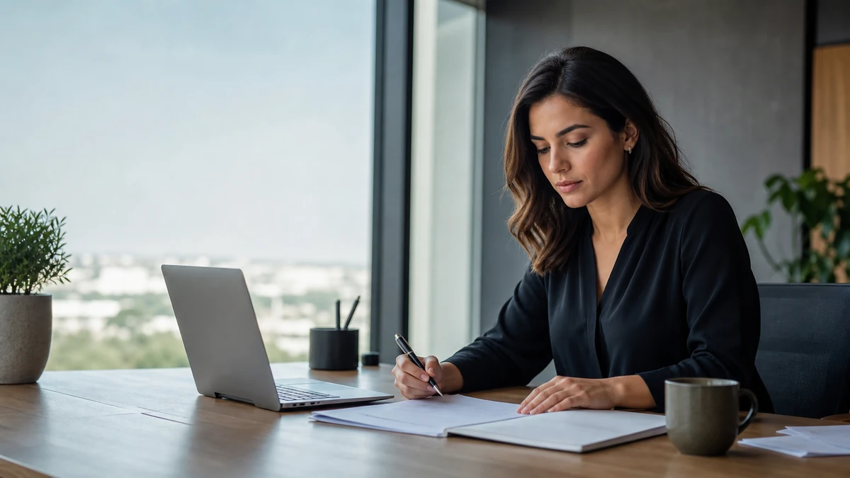 Young professional woman marking up content notes for AI content optimisation