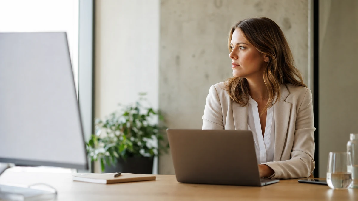 Young professional woman reviewing AI engine optimisation strategy on a screen