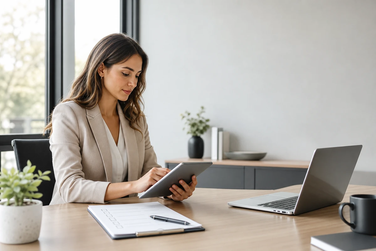 Young professional woman reviewing an AI search optimisation checklist on a tablet
