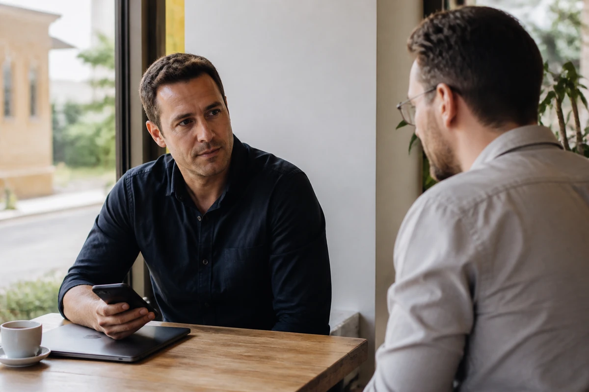 Australian business owner using a phone to review simple notes while speaking with a consultant, or readable text