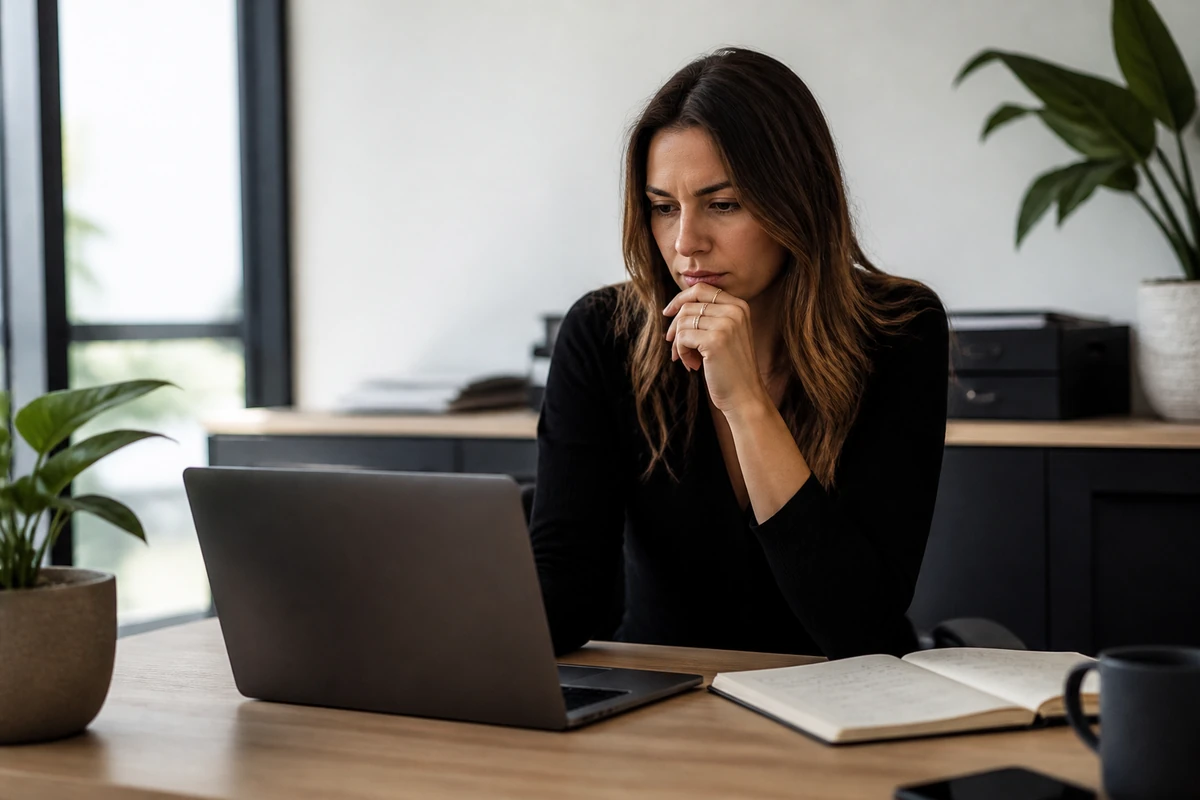 Young businesswoman comparing cheap SEO service prices on a laptop before choosing an SEO provider