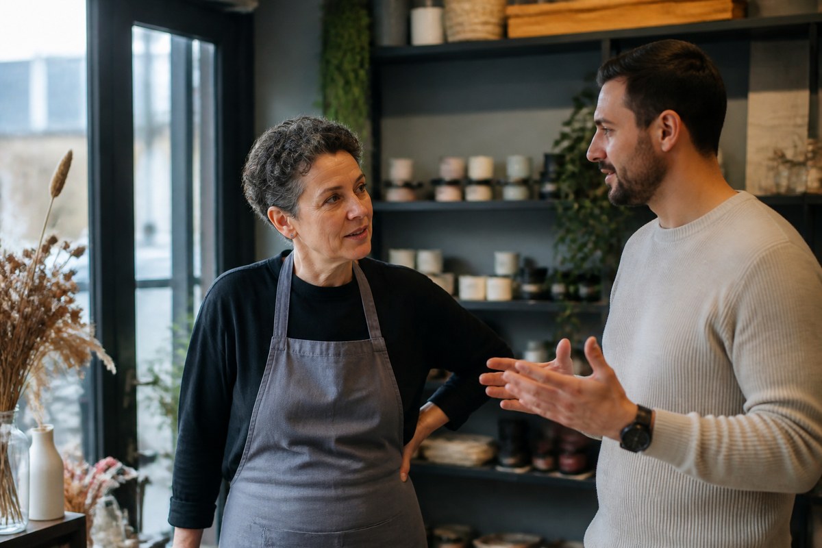 Geelong business owner discussing SEO strategy with a marketing consultant inside a local business