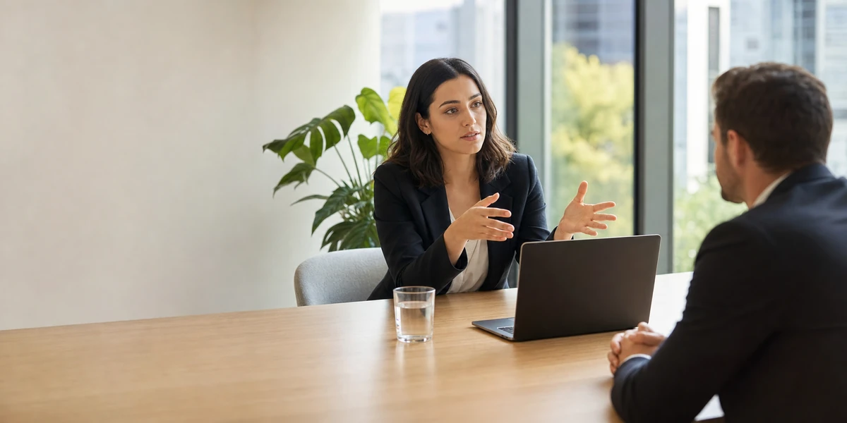 Young professional woman explaining generative AI optimisation and SEO in a business meeting
