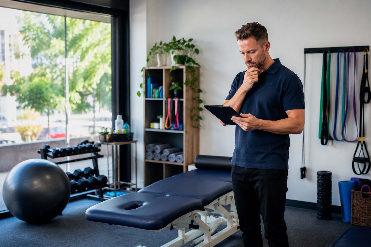 Physio clinic owner reviewing marketing choices inside a treatment room