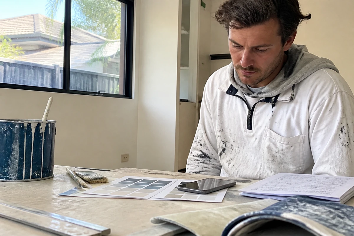 Painting contractor reviewing a phone beside paint samples and work tools