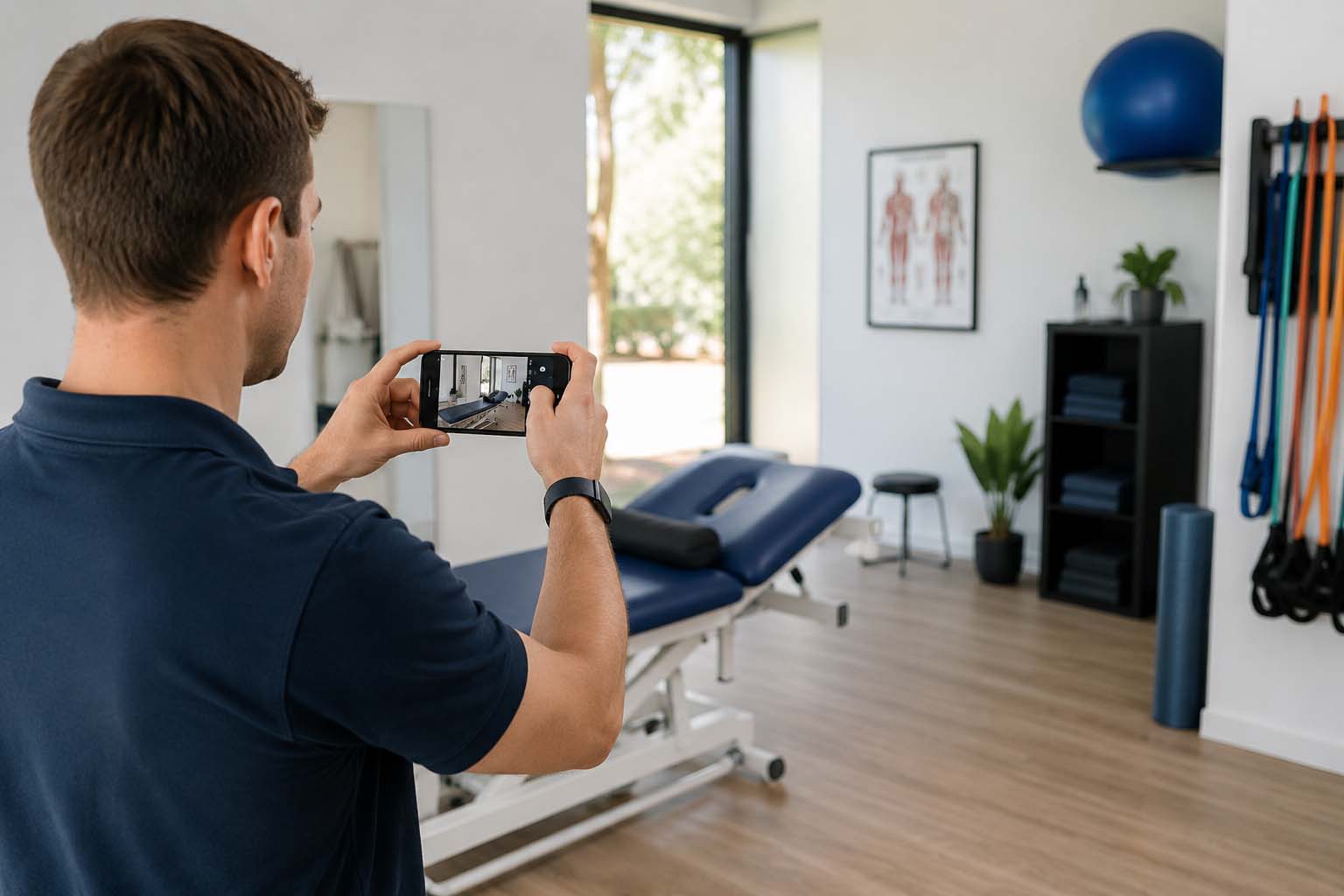 Physiotherapy practitioner preparing clinic photos in a treatment room