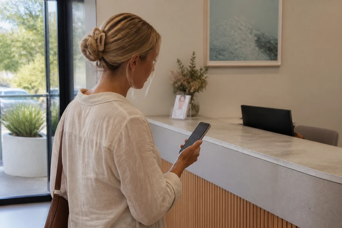 Australian local business owner taking a natural phone photo near the front counter of a clean shop or clinic, phone