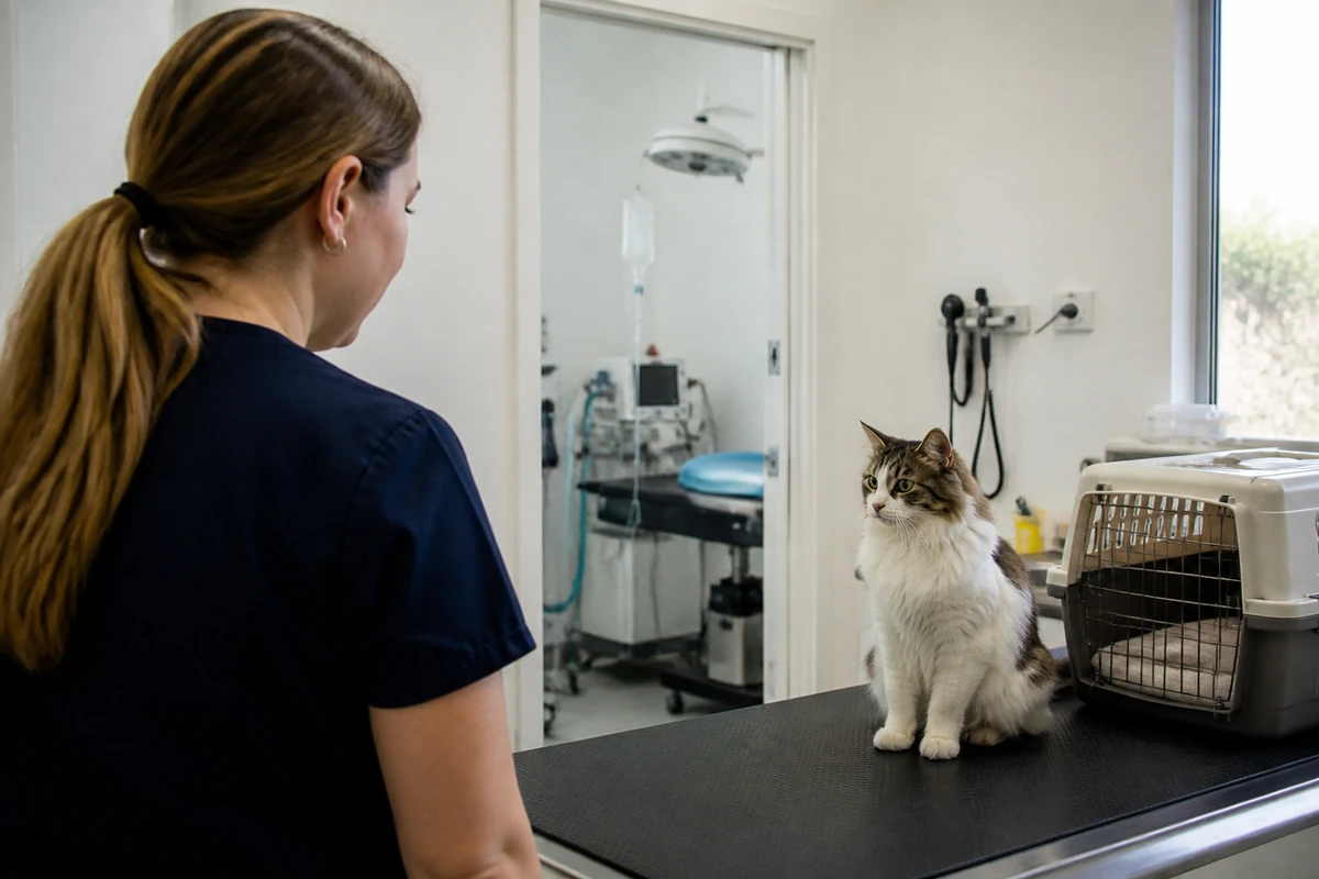 Vet staff member with a dog in an animal hospital consultation room