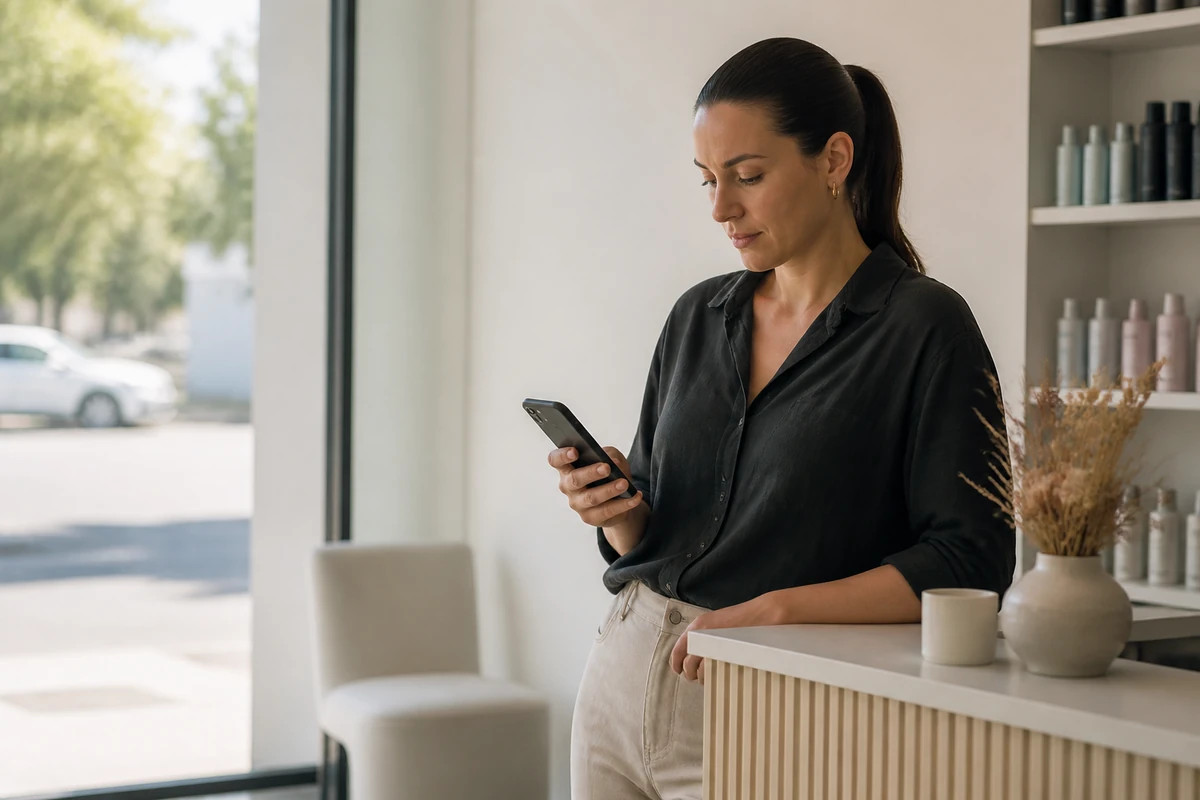 Australian business owner standing near their shopfront or reception area while checking a phone angled away