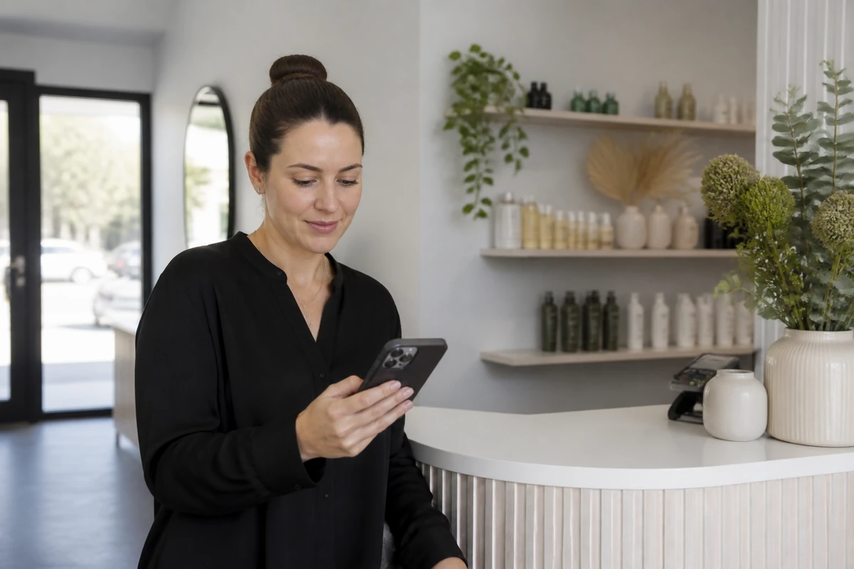 Australian local business owner taking a natural phone photo near the front counter of a clean shop or clinic, phone