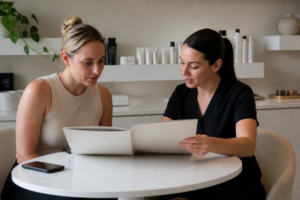 Australian small business owner comparing two simple printed proposal folders with a consultant, proposal folders