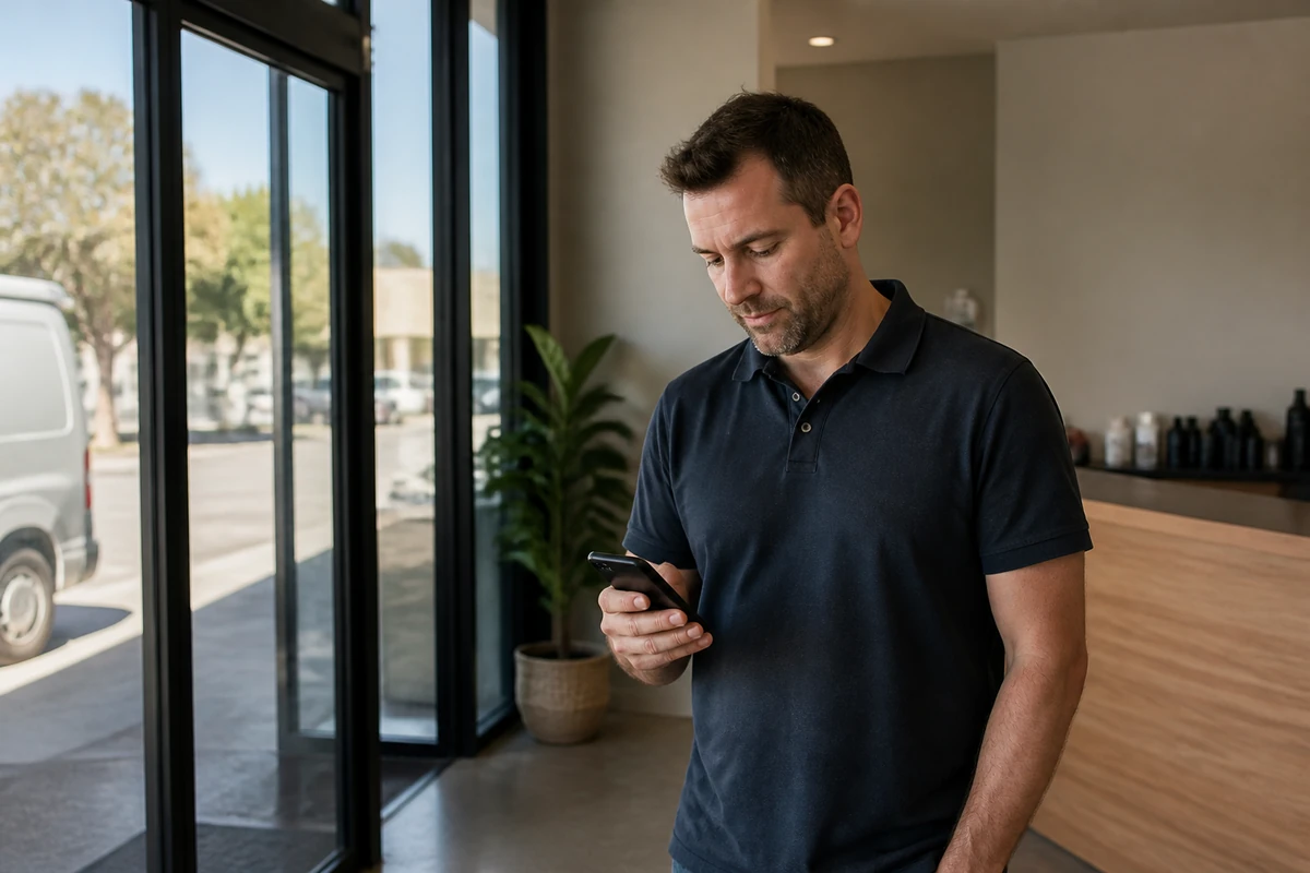 Australian business owner standing near their shopfront or reception area while checking a phone angled away