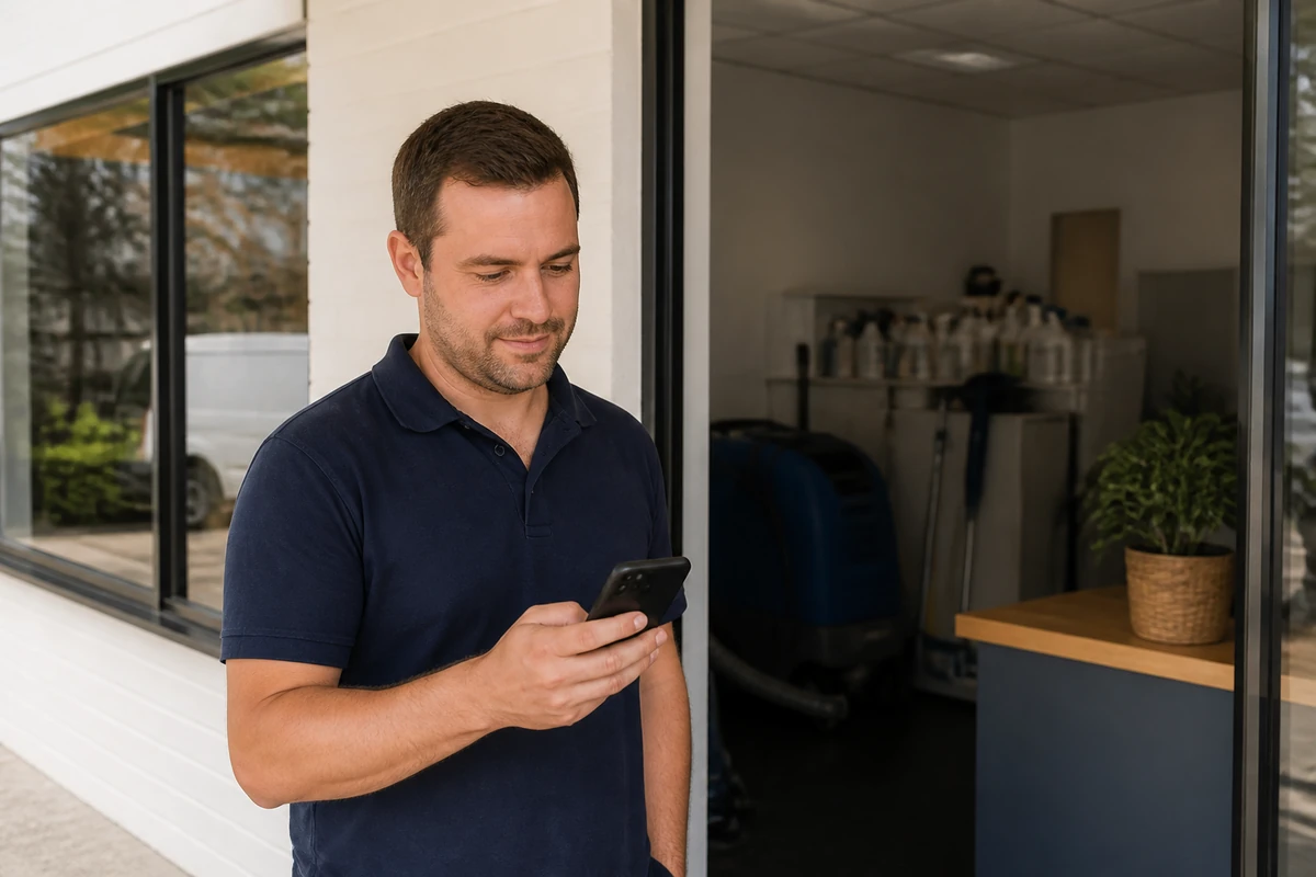 Australian business owner standing near their shopfront or reception area while checking a phone angled away