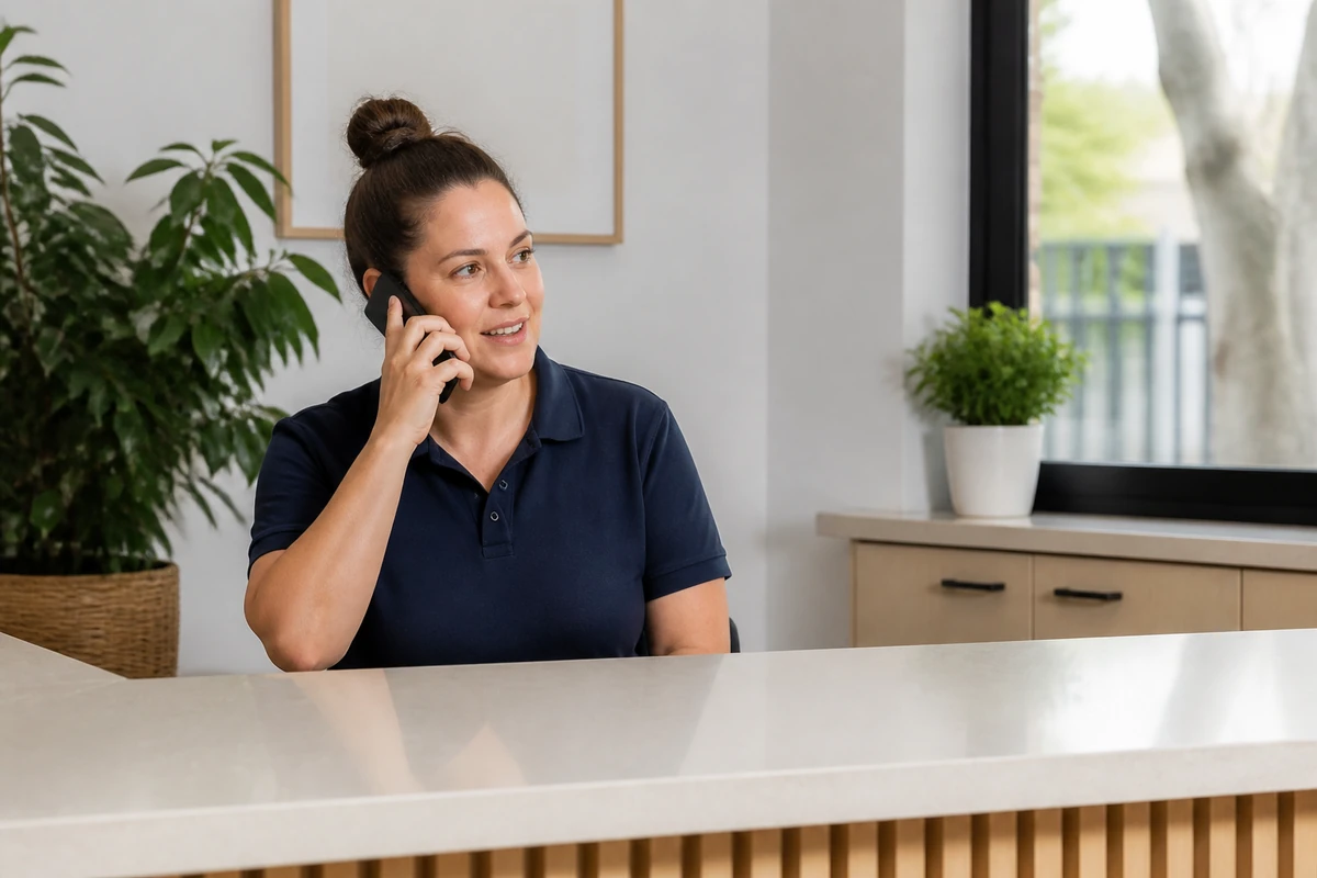 Australian service business owner answering a customer phone call near a clean front counter, natural expression, phone partly obscured