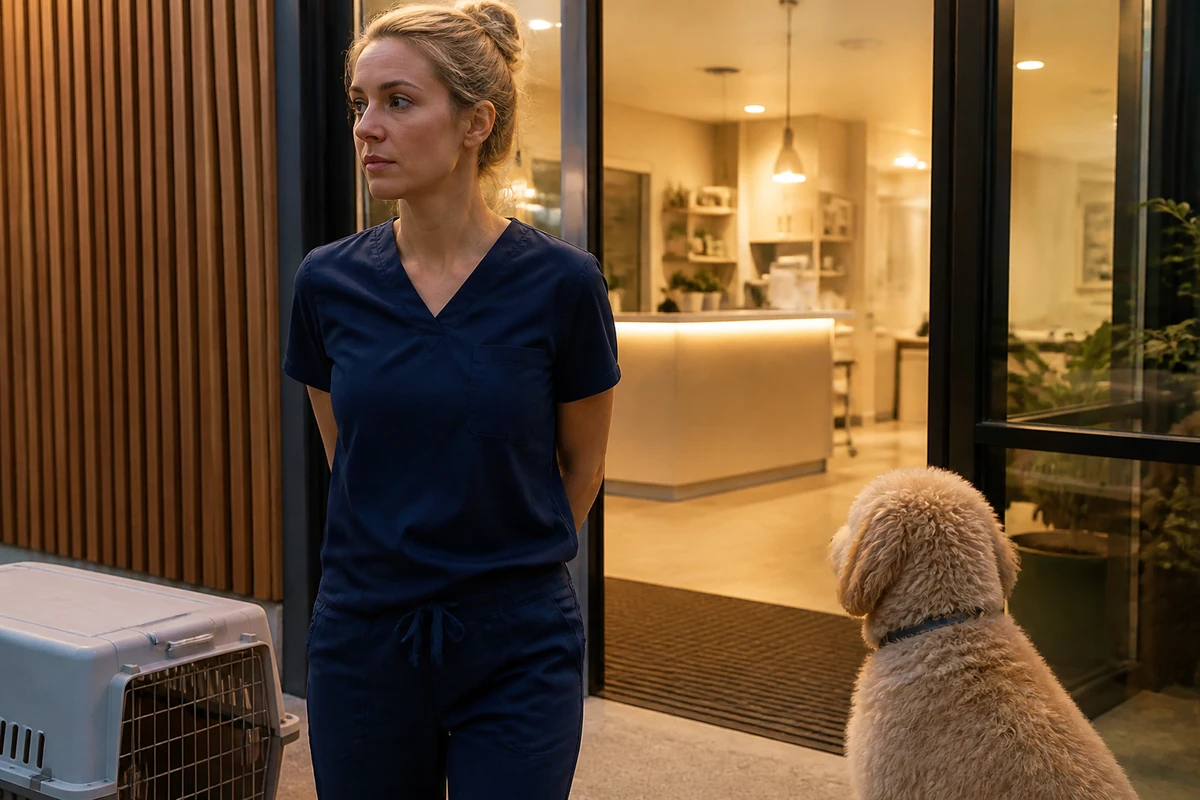 Veterinary clinic entrance with a staff member and pet carrier in the evening