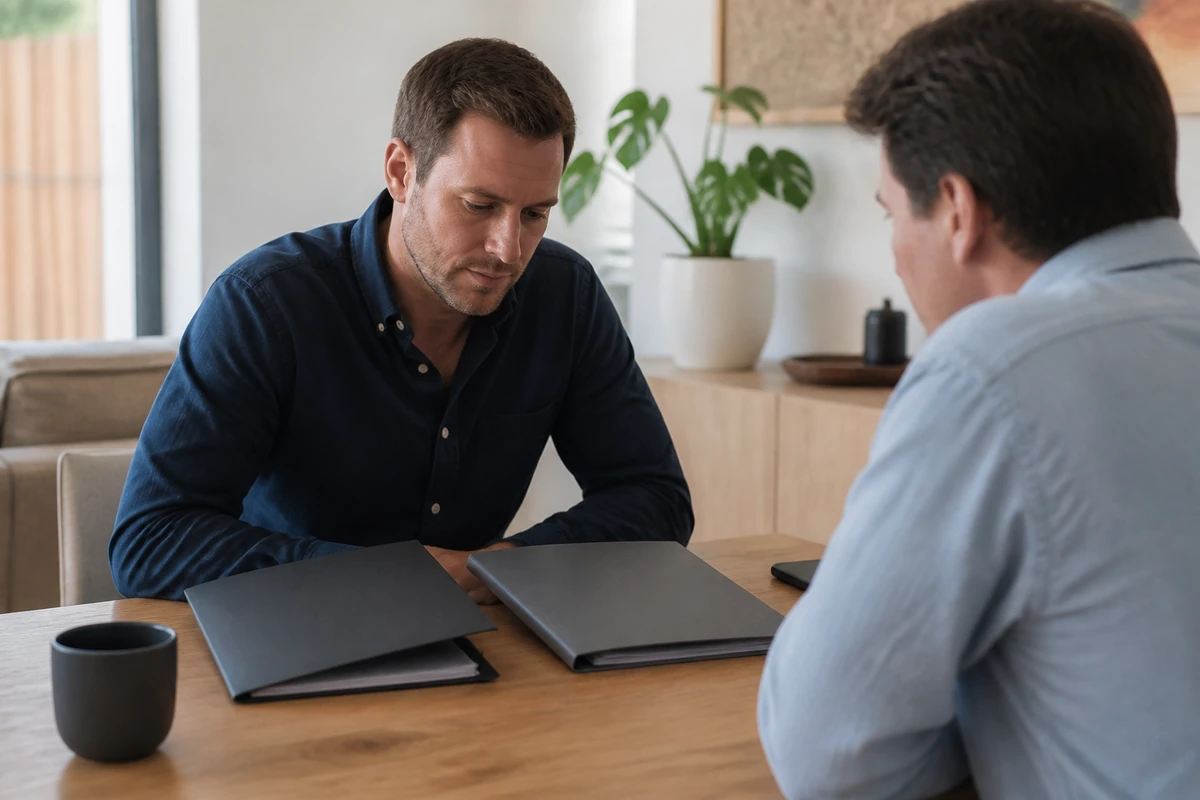 Australian small business owner comparing two simple printed proposal folders with a consultant, proposal folders