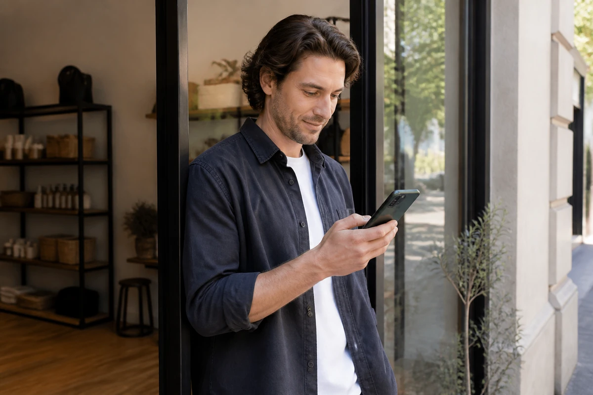 Australian business owner standing near their shopfront or reception area while checking a phone angled away