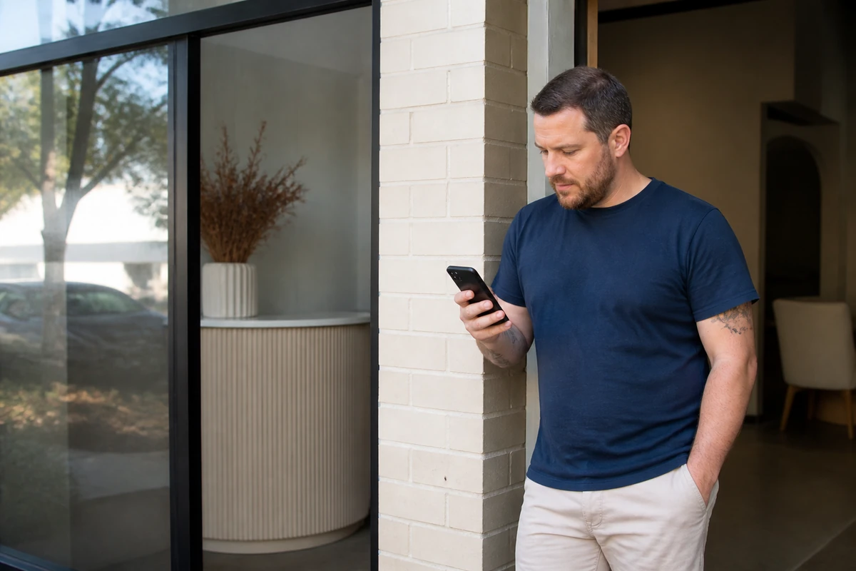Australian business owner standing near their shopfront or reception area while checking a phone angled away