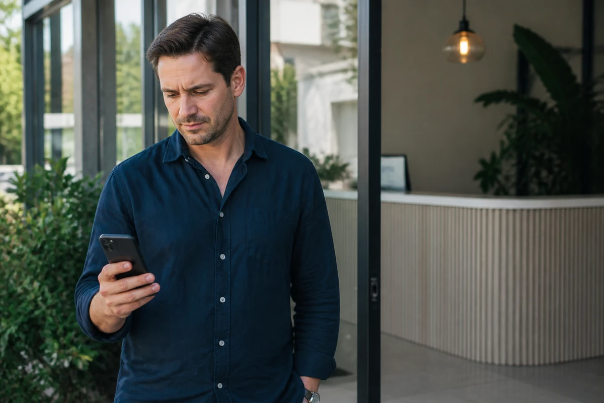 Australian business owner standing near their shopfront or reception area while checking a phone angled away