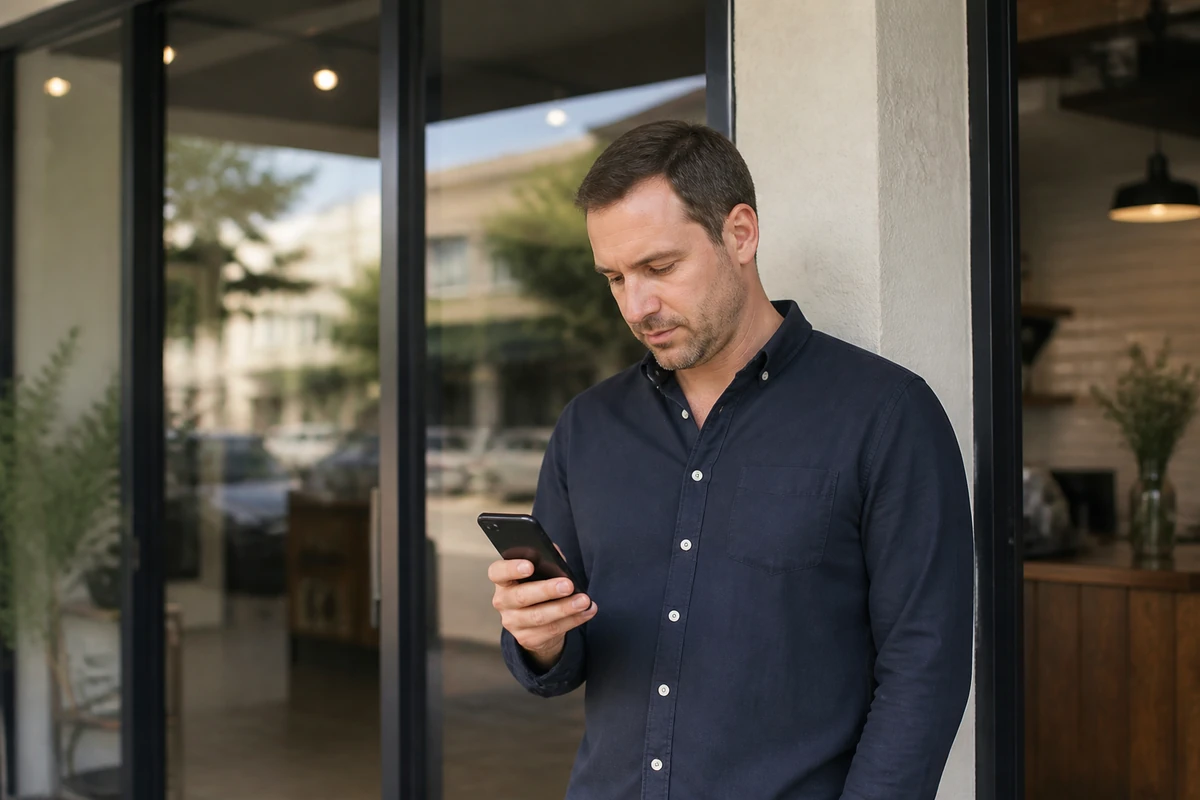 Australian business owner standing near their shopfront or reception area while checking a phone angled away