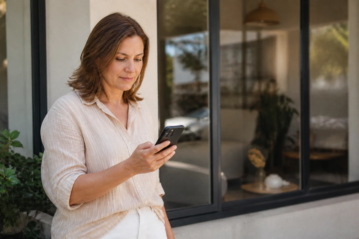 Australian business owner standing near their shopfront or reception area while checking a phone angled away