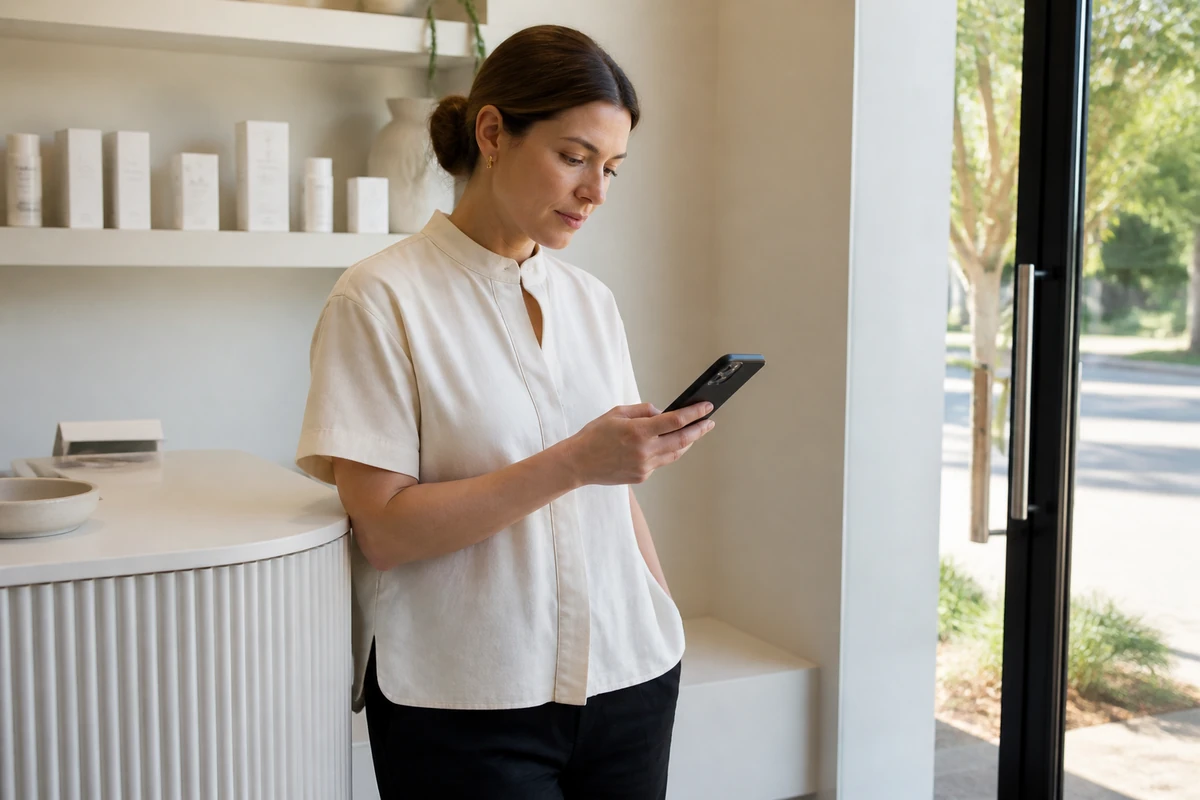 Australian business owner standing near their shopfront or reception area while checking a phone angled away