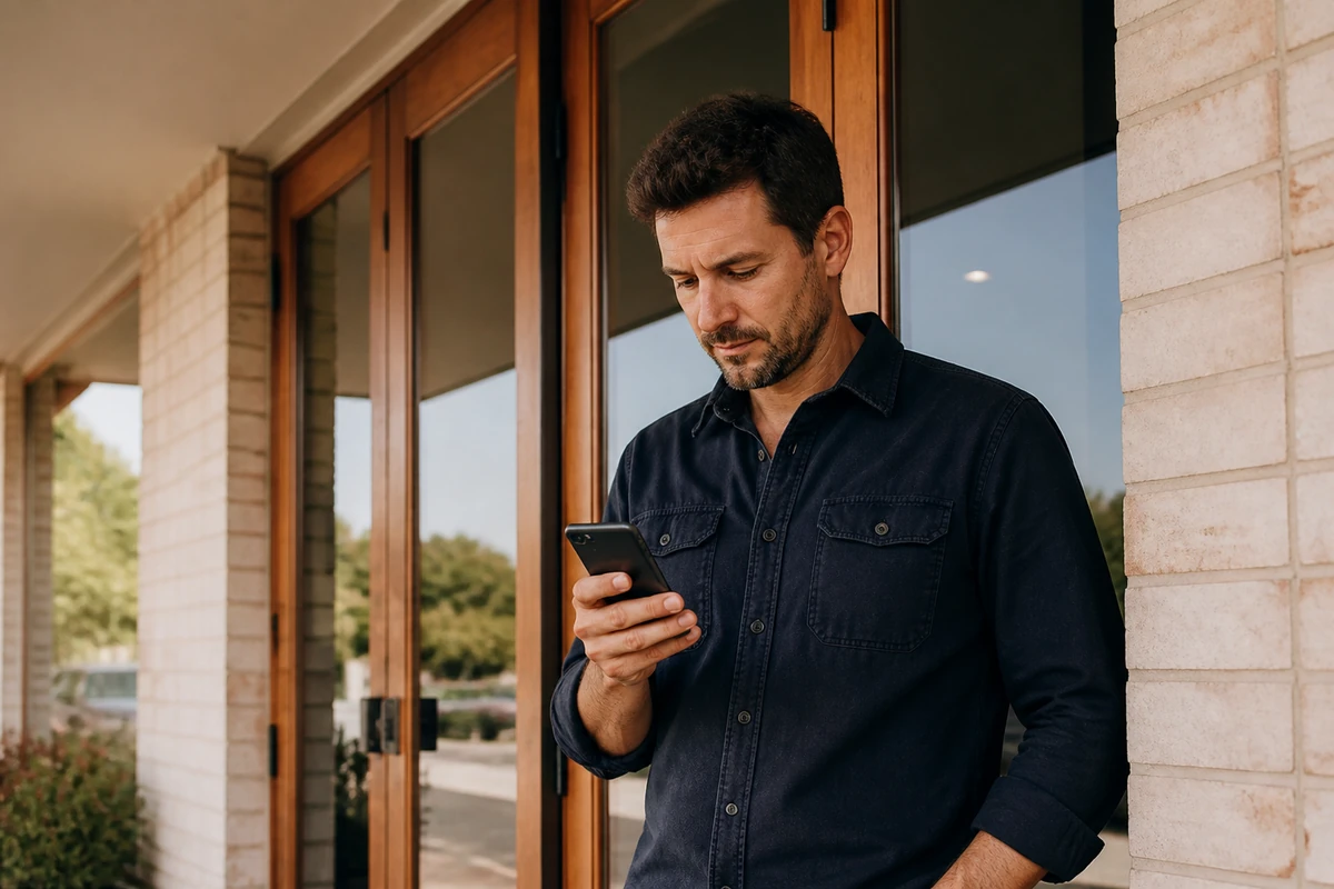 Australian business owner standing near their shopfront or reception area while checking a phone angled away