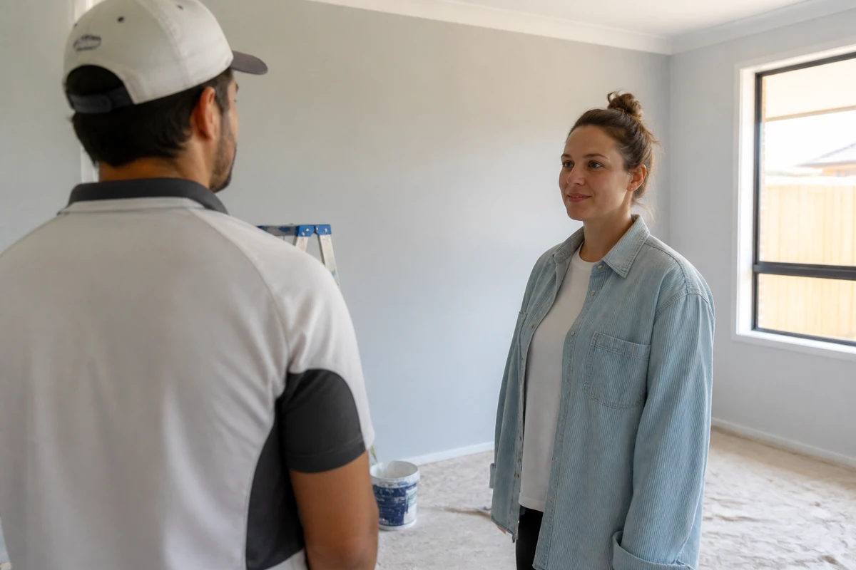 Residential painter speaking with a homeowner beside a freshly painted wall