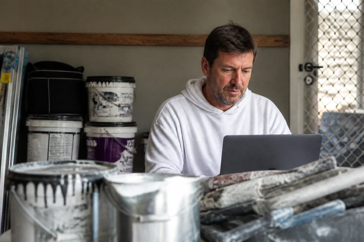Painting business owner checking enquiries beside painting equipment