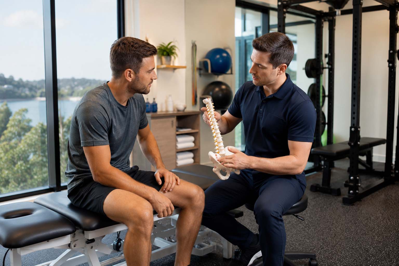Physiotherapist preparing treatment guidance in a rehab-focused clinic setting