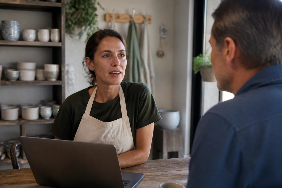 Average Australian small business owner in a realistic local business setting having a natural conversation related to the article topic, no