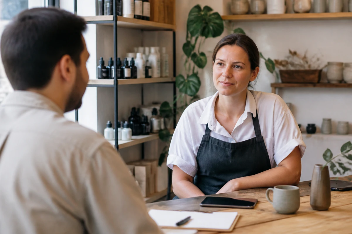Average Australian small business owner in a realistic local business setting having a natural conversation related to the article topic, no
