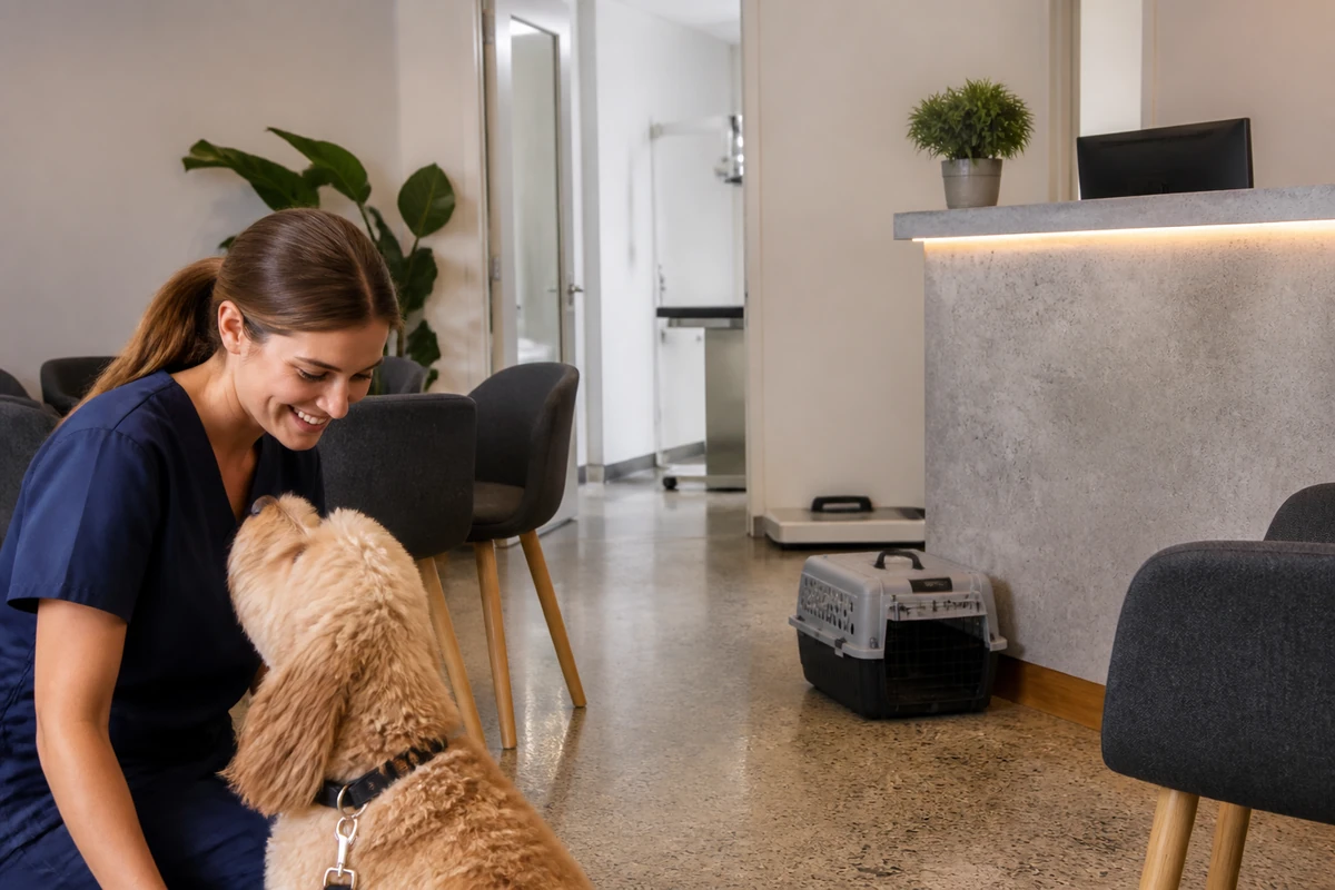 Vet staff member with a dog in a veterinary clinic waiting area