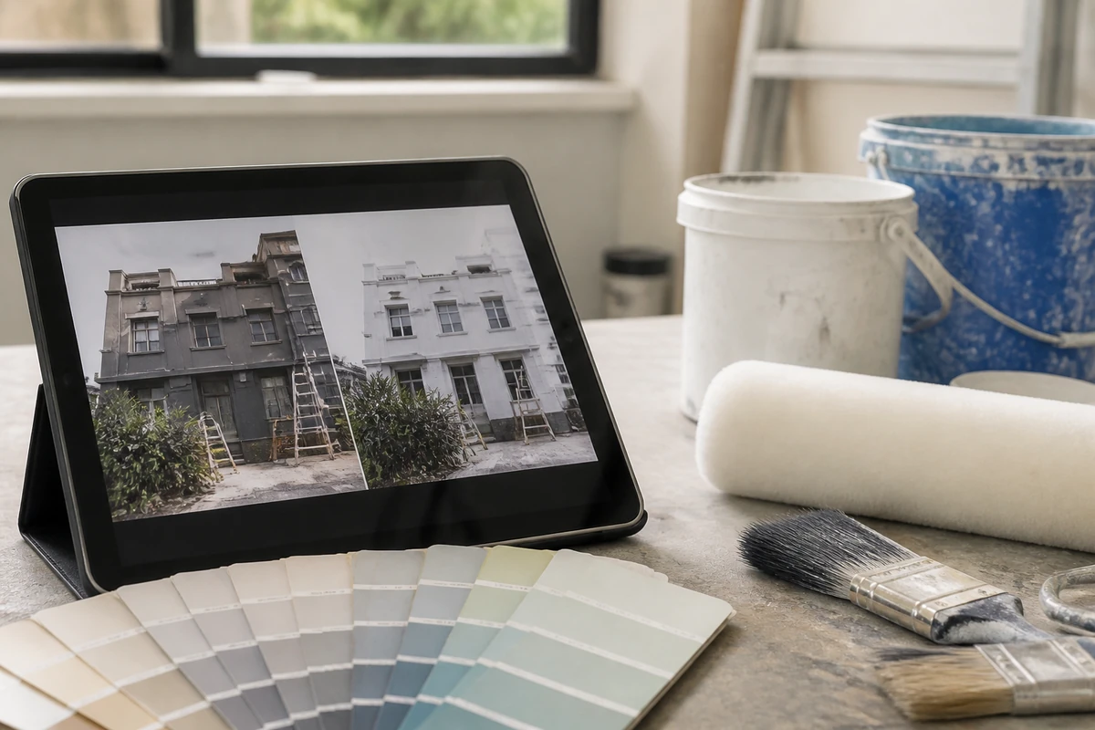 Before and after painting photos displayed beside paint tools