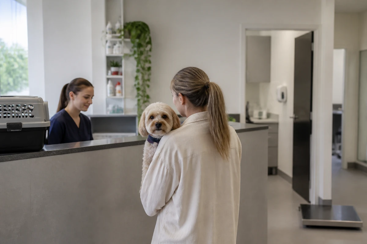 Vet staff member with a dog in a veterinary clinic reception space