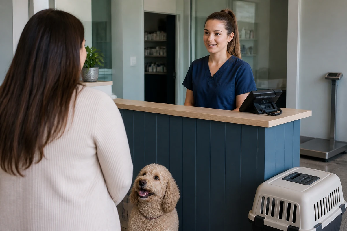 Vet clinic reception desk with staff member and dog nearby