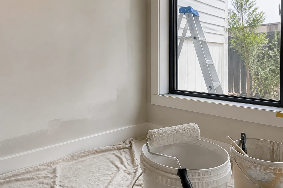 Interior painting tools near a window with exterior painting gear visible
