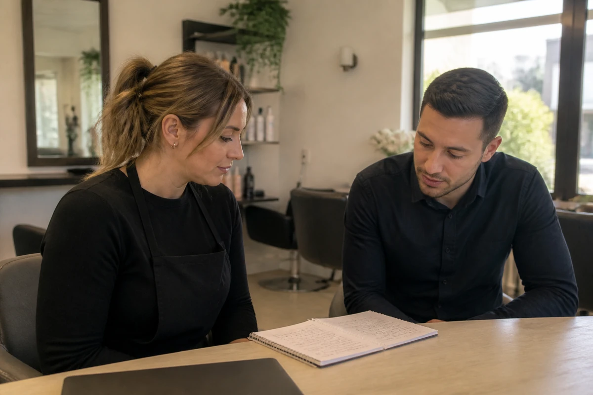 Australian small business owner in a quiet local service business looking over customer enquiry notes with a consultant, calm practical mood, no