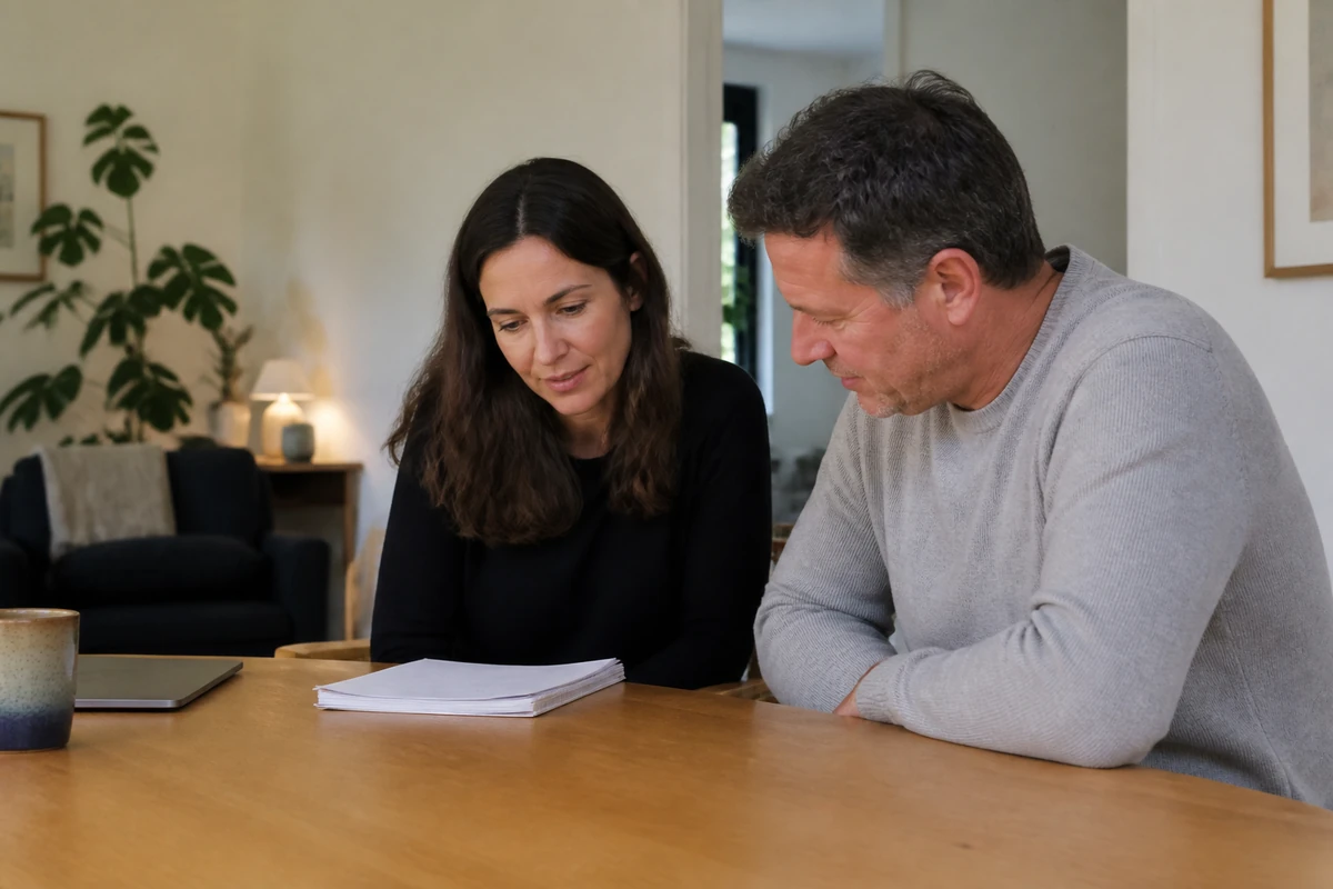Australian small business owner in a quiet local service business looking over customer enquiry notes with a consultant, calm practical mood, no