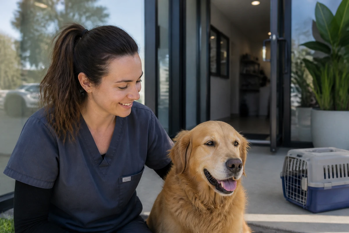 Veterinary clinic entrance in a suburban setting with staff member and dog nearby