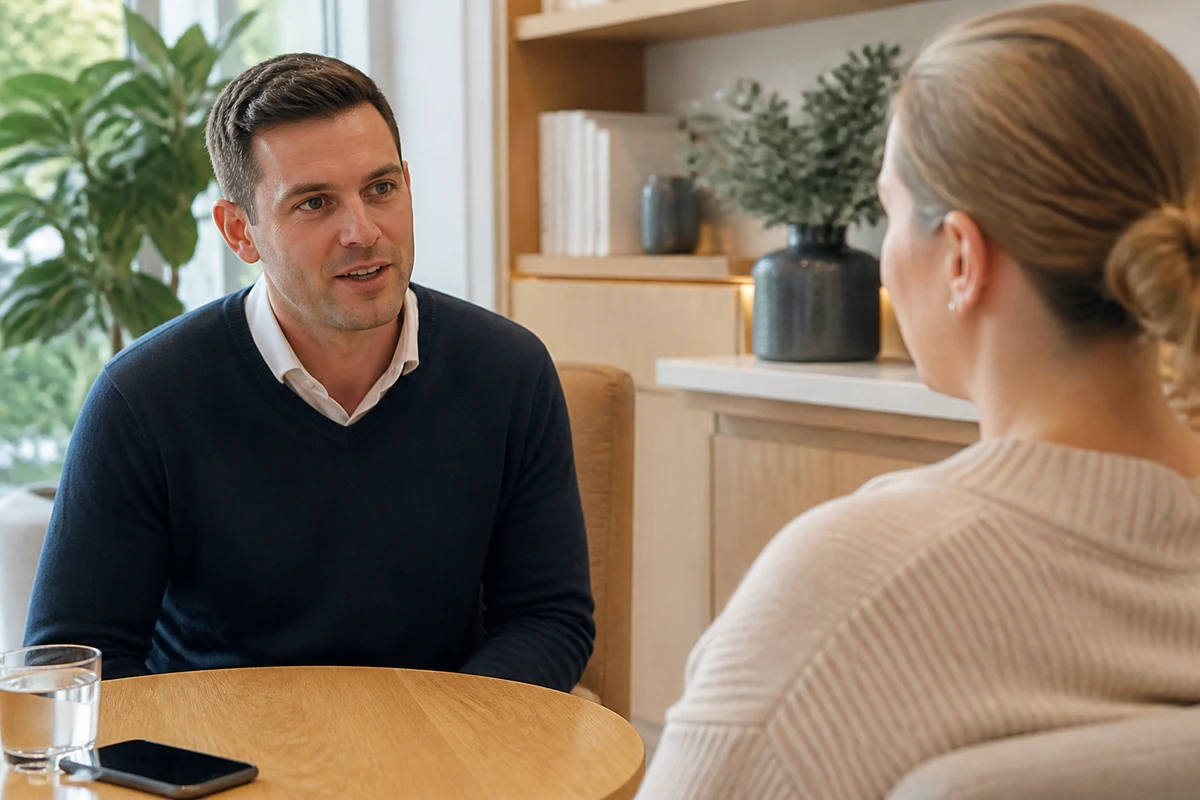 Australian local service business owner speaking with a nearby customer inside a real shop or clinic style environment, natural and unposed