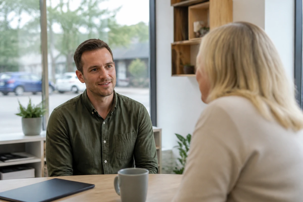 Australian local service business owner speaking with a nearby customer inside a real shop or clinic style environment, natural and unposed