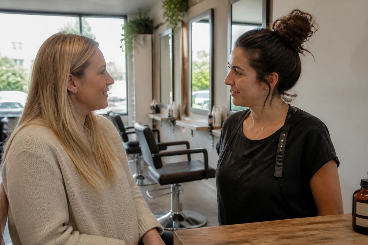 Australian local service business owner speaking with a nearby customer inside a real shop or clinic style environment, natural and unposed