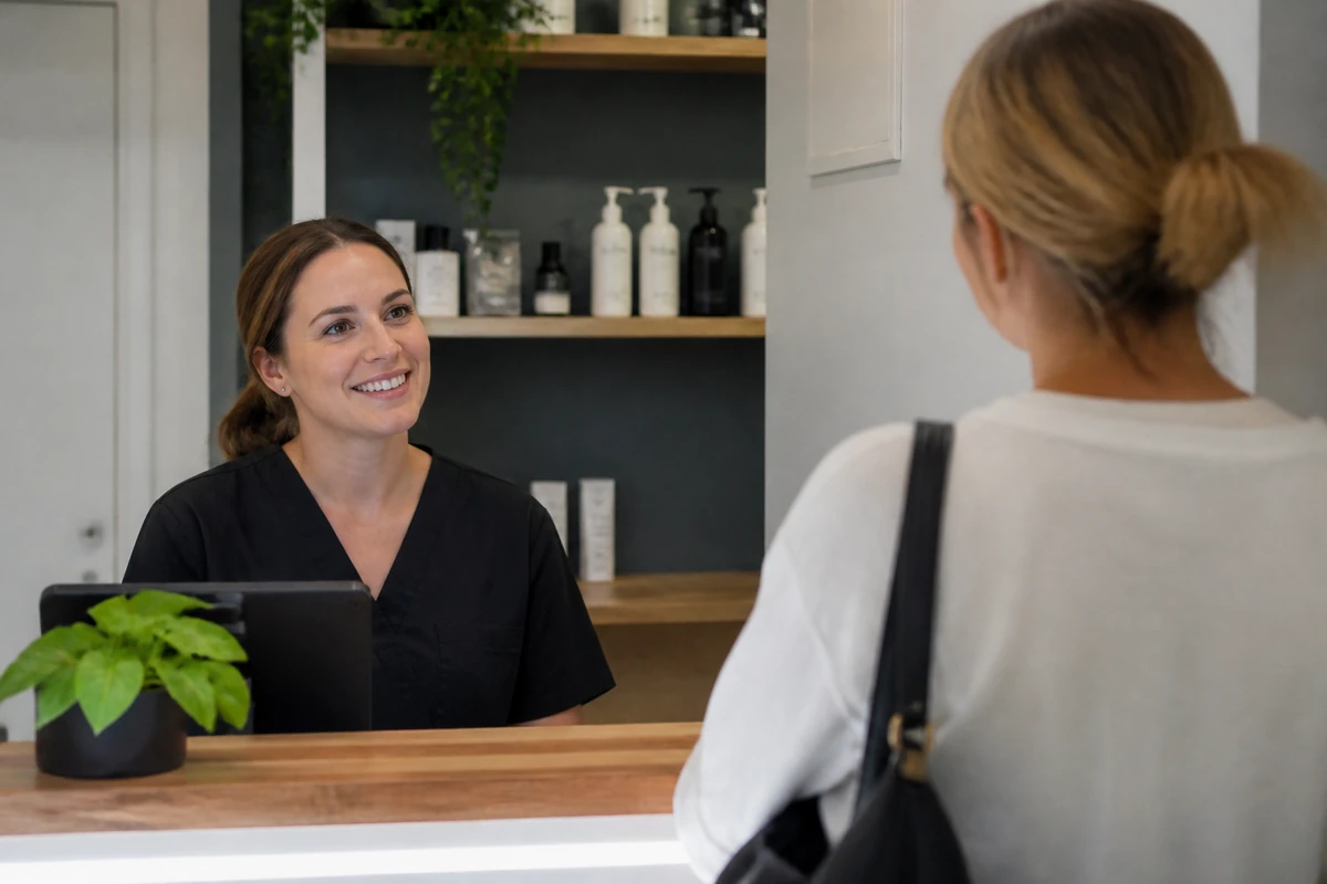 Australian local service business owner speaking with a nearby customer inside a real shop or clinic style environment, natural and unposed