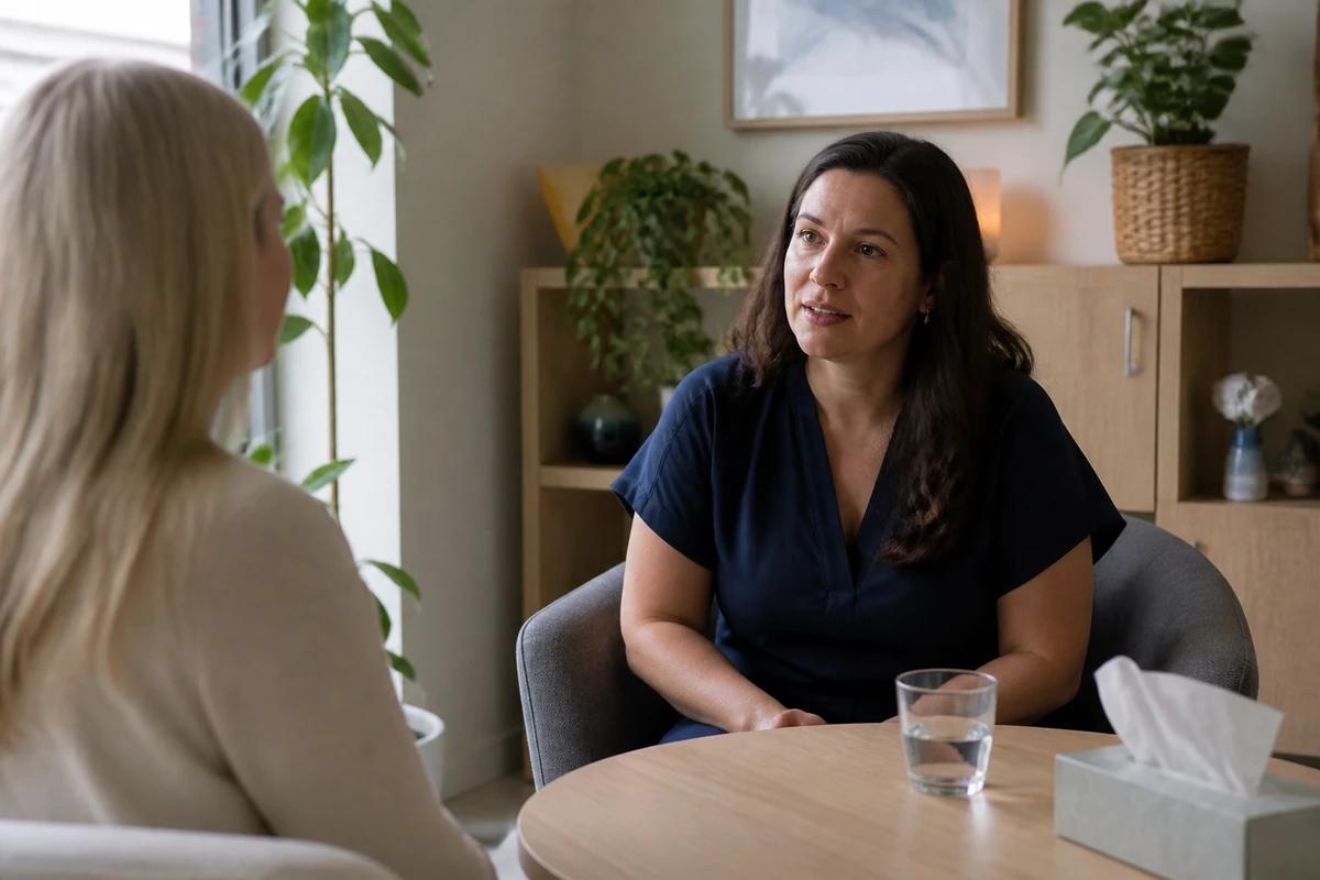 Australian local service business owner speaking with a nearby customer inside a real shop or clinic style environment, natural and unposed