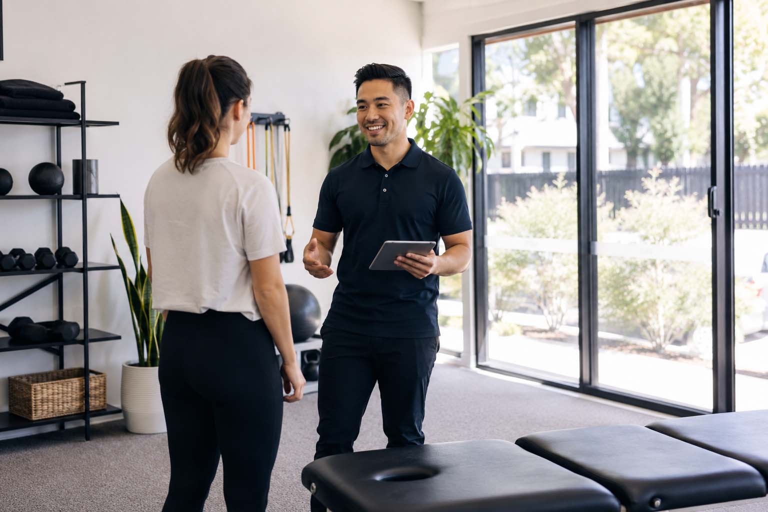 Physio clinic scene showing a practitioner speaking with a patient in a local treatment setting