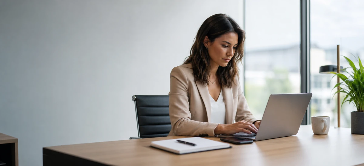 Young professional woman editing website content for AI search platforms on a laptop