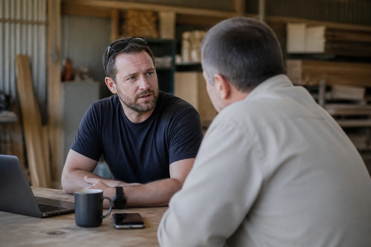 Average Australian small business owner in a realistic local business setting having a natural conversation related to the article topic, no